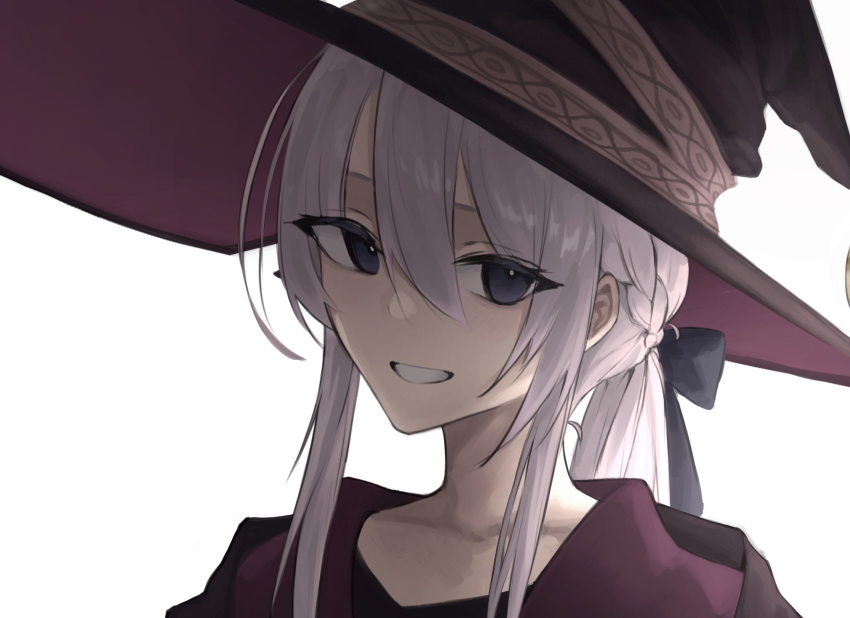 1girl, ateri_illust, black_hat, blue_eyes, cloak, elaina_(majo_no_tabitabi), grey_hair, hair_between_eyes