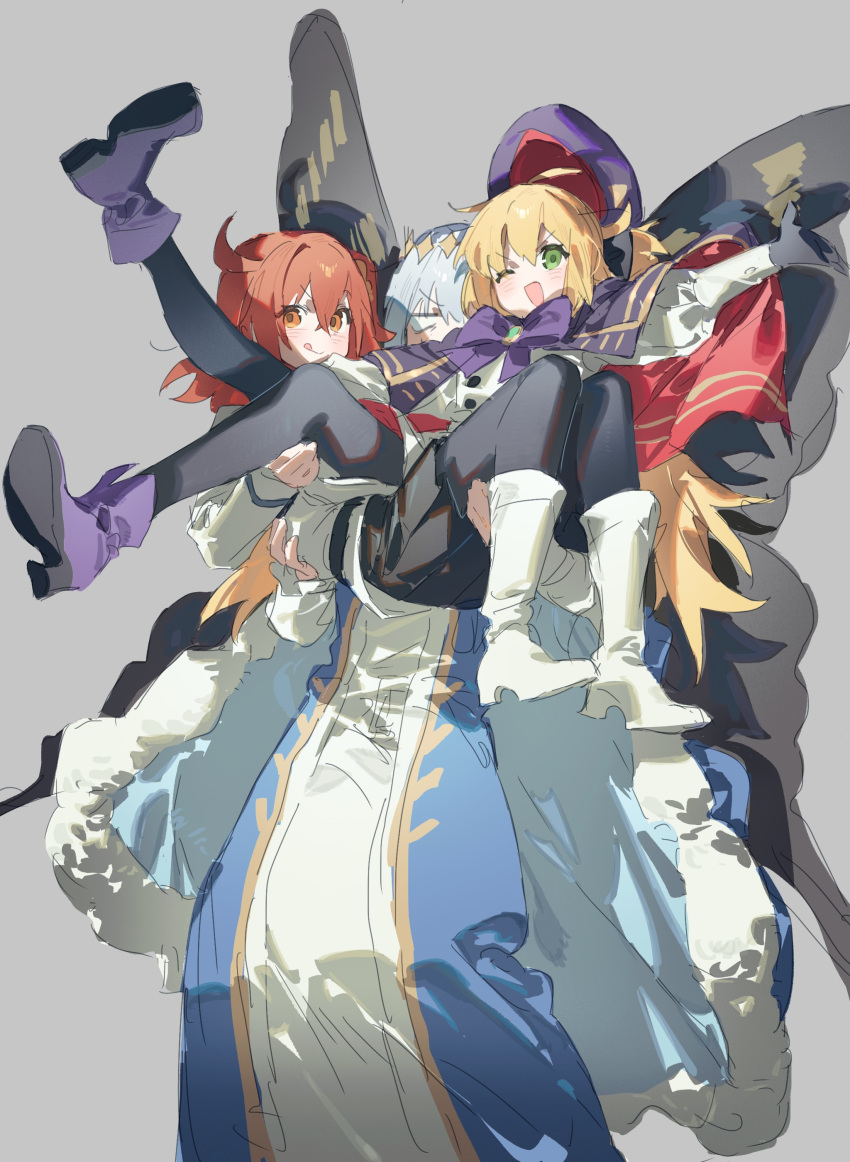 1boy, 2girls, :q, absurdres, artoria_caster_(fate), artoria_caster_(second_ascension)_(fate), artoria_pendragon_(fate), belt
