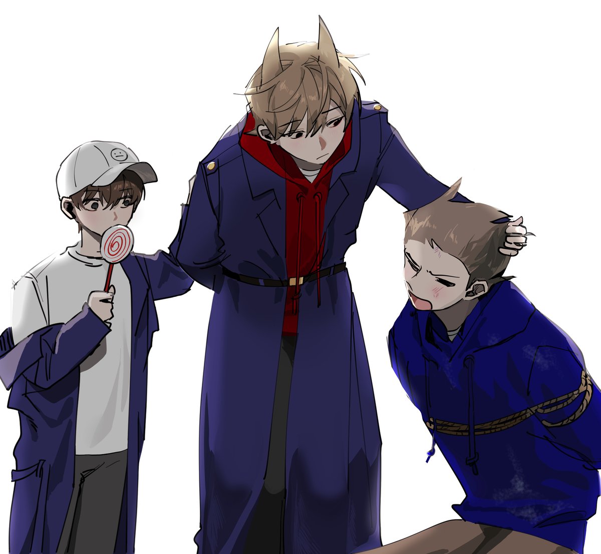3boys, animification, bad_id, bad_twitter_id, baseball_cap, belt, black_belt, black_pants, blue_coat, blue_hoodie, bound, brown_hair, candy, child, coat, commentary, drawstring, eddsworld, eye_contact, food, fun_dead_kid_(eddsworld), grey_pants, hair_behind_ear, hair_ears, hand_on_another's_head, hat, holding, holding_another's_arm, holding_candy, holding_food, holding_lollipop, hollow_eyes, hood, hood_down, hoodie, kupot, lollipop, long_coat, long_sleeves, looking_at_another, male_focus, military_coat, military_dress_uniform, military_uniform, multiple_boys, open_clothes, open_coat, open_mouth, oversized_clothes, oversized_coat, pants, red_hoodie, red_leader_(eddsworld), rope, shirt, short_hair, simple_background, sitting, spiky_hair, swept_bangs, swirl_lollipop, tied_up_(nonsexual), tom_(eddsworld), tord_(eddsworld), untranslatable_commentary, white_background, white_hat, white_shirt