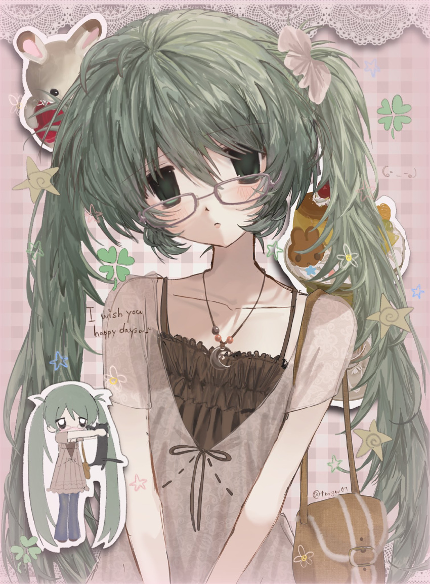 1girl, 2000s_(style), aqua_eyes, aqua_hair, blue_eyes, blue_hair, english_text, glasses