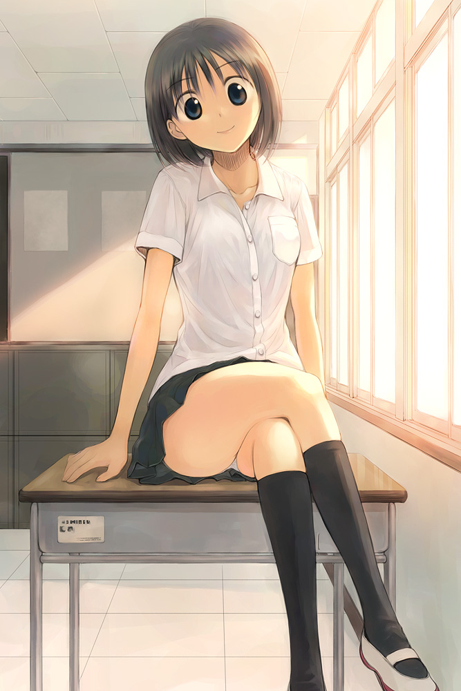 black_legwear, blue_eyes, classroom, crossed_legs, desk, dress_shirt, ikeda_jun, kneehighs