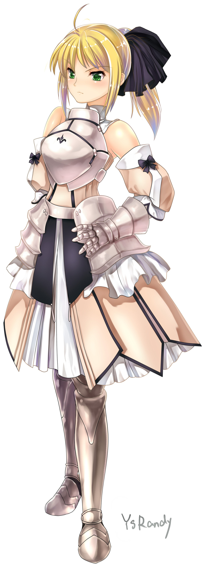 1girl, ahoge, armor, armored_dress, artoria_pendragon_(all), black_bow, blonde_hair, bow
