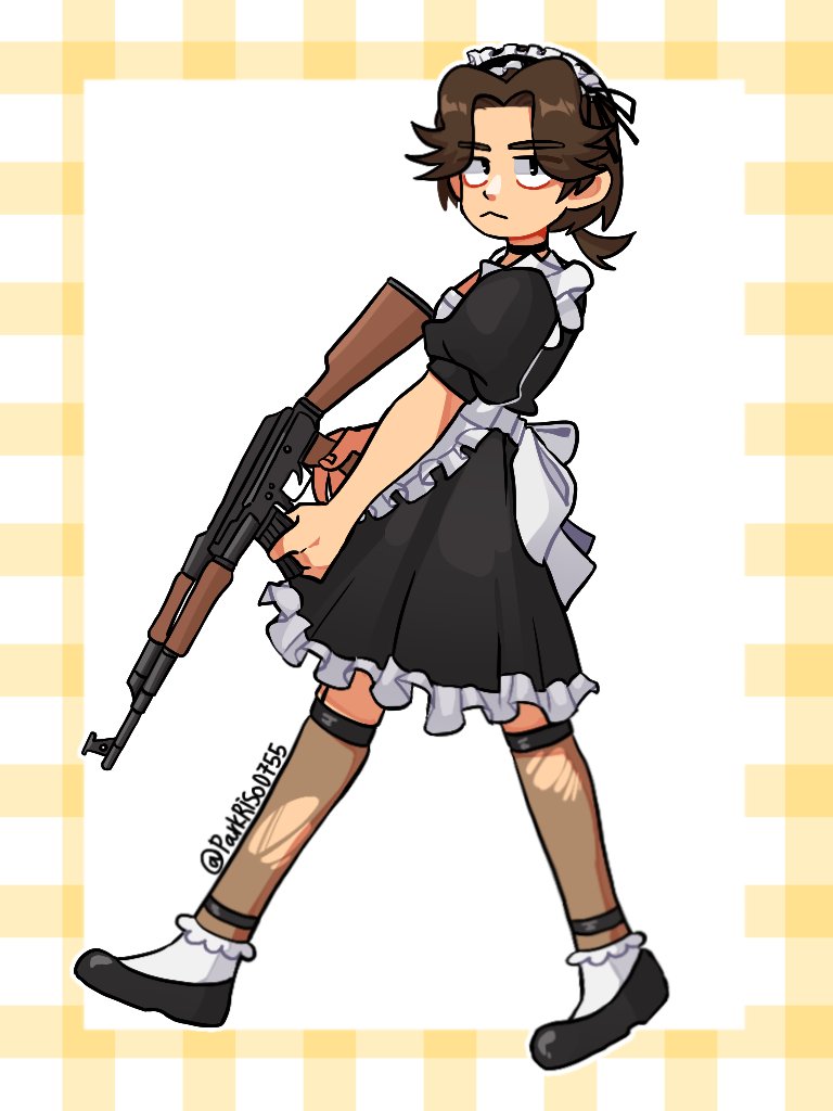 1boy, ak-47, alternate_costume, alternate_hairstyle, animification, apron, artist_name, assault_rifle, back_bow, bad_id, bad_twitter_id, black_dress, black_eyes, black_shoes, black_socks, bow, brown_hair, commentary, crossdressing, crossdressing_(mtf), curtained_hair, dress, eddsworld, enmaided, frilled_apron, frilled_dress, frilled_socks, frills, from_side, full_body, garter_straps, gingham_border, gun, holding, holding_gun, holding_weapon, inactive_account, jitome, kalashnikov_rifle, kneehighs, looking_at_viewer, maid, maid_apron, maid_headdress, male_focus, male_maid, outside_border, parkriso0755, patryck_(eddsworld), ponytail, rifle, see-through_clothes, see-through_socks, shoes, short_hair, short_ponytail, simple_background, socks, solo, standing, torn_clothes, torn_socks, untranslatable_commentary, weapon, white_apron, white_background, white_bow, white_socks