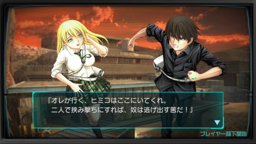 1boy, 1girl, bag, black_pants, black_shirt, black_shoes, black_socks, blonde_hair, blue_eyes, breasts, brown_eyes, brown_hair, building, clenched_teeth, clouds, collared_shirt, green_necktie, green_skirt, handbag, himiko_(btooom!), inoue_jun'ya, large_breasts, long_hair, miniskirt, necktie, open_mouth, original, outdoors, pants, pleated_skirt, red_sky, sakamoto_ryouta, shirt, shoes, skirt, sky, socks, teeth, upper_teeth_only, white_shirt