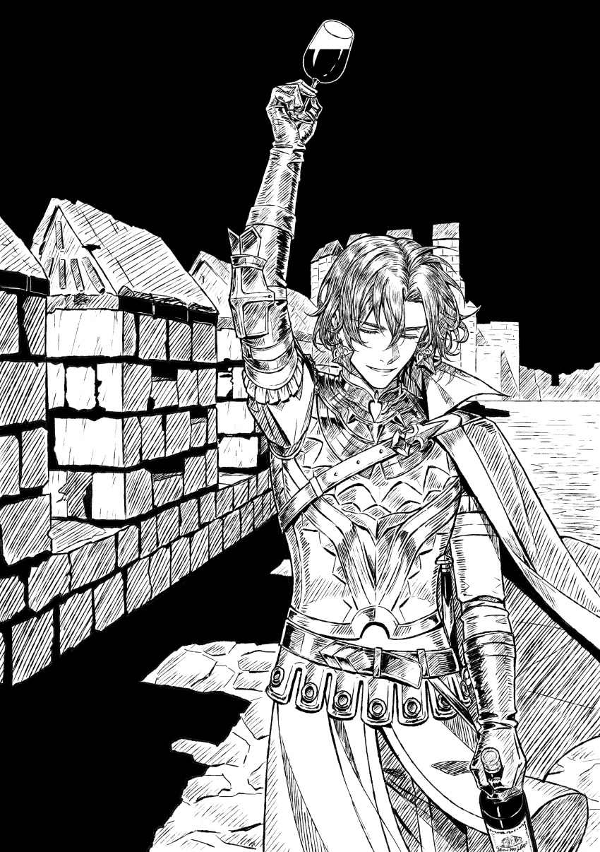 1boy, absurdres, arm_up, armor, belt, bottle, closed_eyes, commentary_request