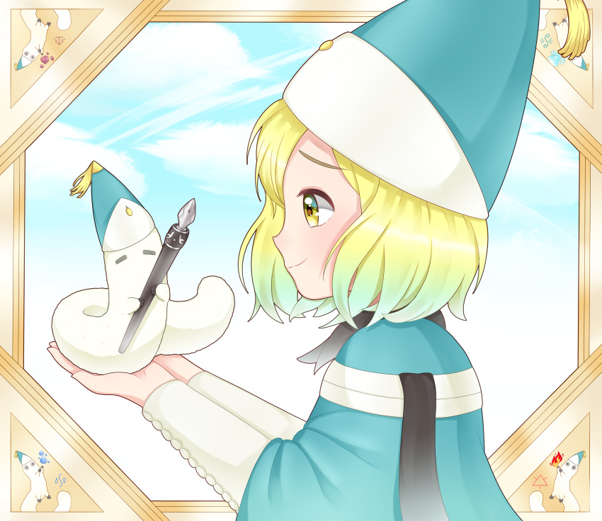 1girl, absurdres, blonde_hair, brushbuddy, coco_(tongari_boushi_no_atelier), commentary, creature, diadem_herb, english_commentary, flower, hat, hat_tassel, highres, holding, holding_flower, holding_pen, pen, qifrey's_atelier_apprentice_uniform, tongari_boushi_no_atelier, wizard_hat, yellow_eyes, yumie_tsuchinoko_(artist)