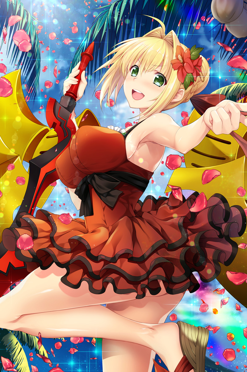 ahoge, bare_shoulders, black_ribbon, blonde_hair, braid, breasts, bun_with_braided_base, commentary_request
