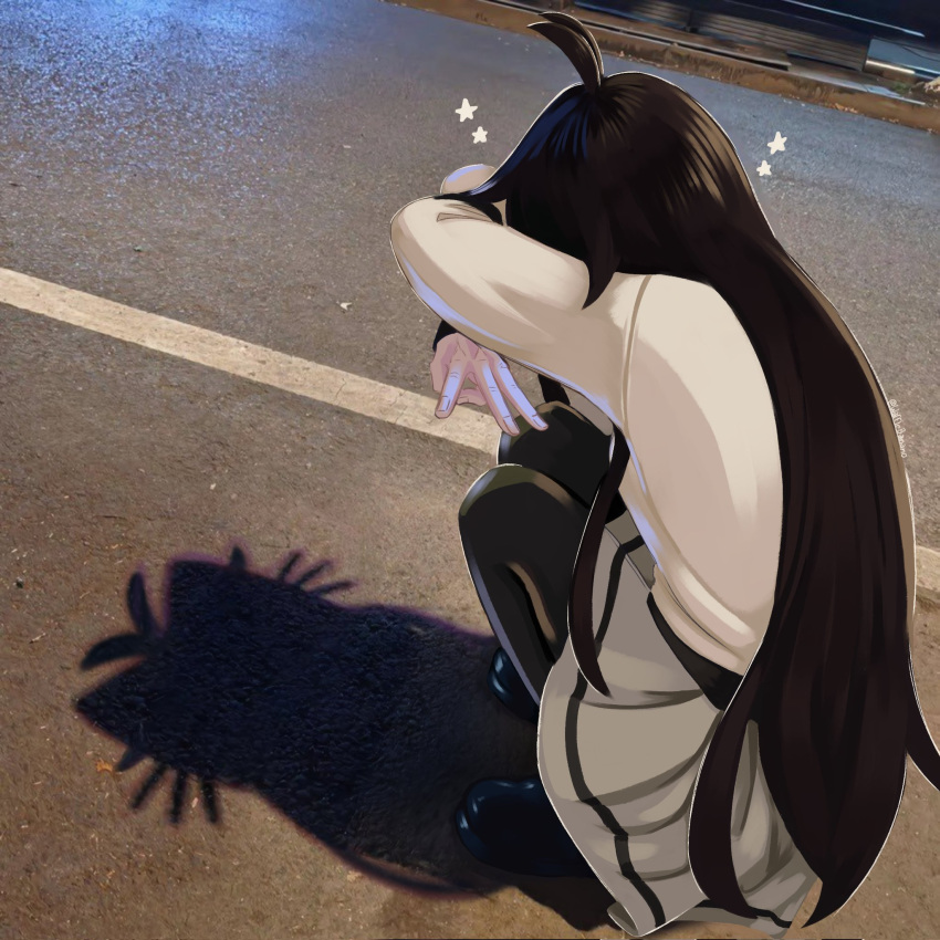 1girl, antenna_hair, black_hair, black_pantyhose, black_shoes, cat_shadow_puppet_(meme), commentary, crossed_arms