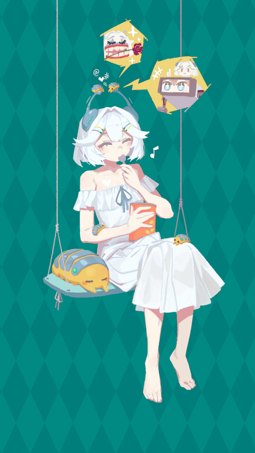 1girl, antennae, bare_shoulders, barefoot, beans, blush, can, canned_food