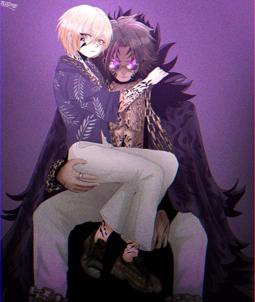 1boy, 1girl, blonde_hair, bloomiehub, chain, chain_around_arm, chain_around_leg, chain_necklace