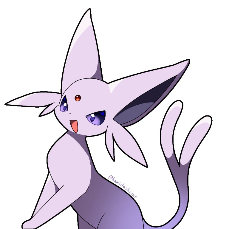 closed_mouth, commentary_request, espeon, forehead_jewel, forked_tail, hamidashicat, no_humans, open_mouth, pokemon, pokemon_(creature), pokemon_focus, smile, tail, twitter_username, violet_eyes, white_background