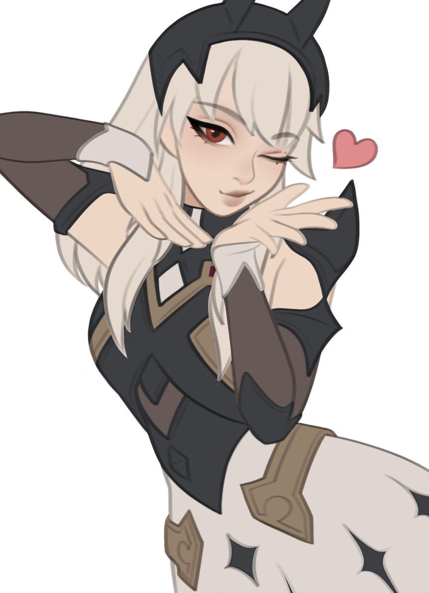 armor, armored_dress, black_tiara, blowing_kiss, detached_sleeves, dress, fake_horns, fortnite