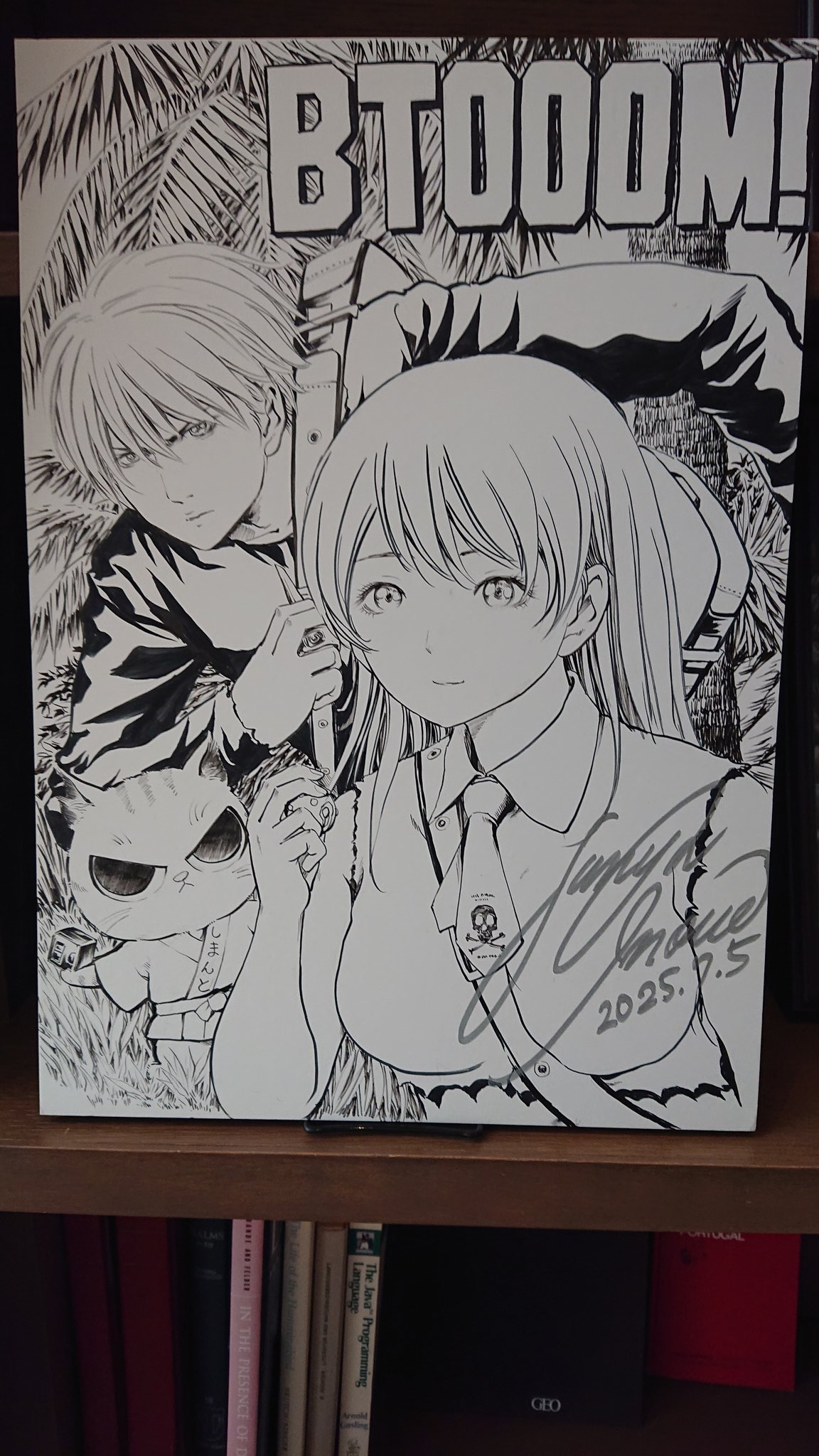 1boy, 1girl, bag, breasts, btooom!, collared_shirt, commentary_request, dated