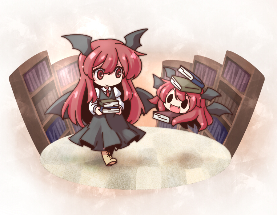>:), >:3, :3, bat_wings, black_dress, book, book_on_head, bookshelf, carrying, chibi, dress, dress_shirt, dual_persona, fang, floating, fushigi_ebi, head_wings, koakuma, library, long_hair, long_sleeves, multiple_girls, necktie, no_nose, object_on_head, open_mouth, red_eyes, red_hair, redhead, shirt, skirt, skirt_set, smile, takoluka, tentacles, the_embodiment_of_scarlet_devil, tile_floor, tiles, touhou, very_long_hair, vest, vocaloid, voile, wings, yukkuri_shiteitte_ne