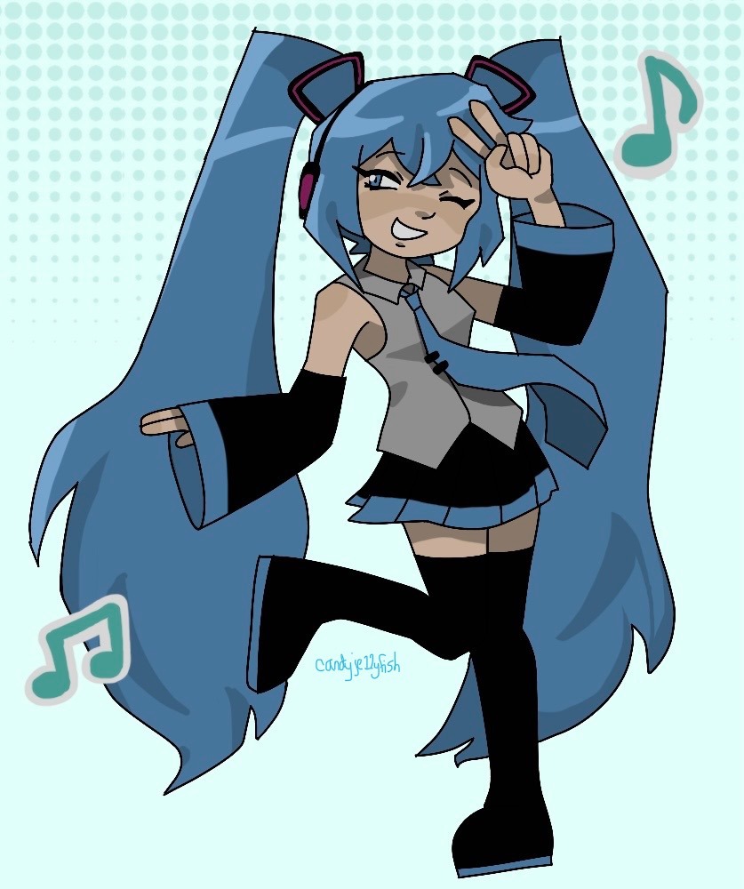 black_sleeves, blue_eyes, blue_hair, candyje11yfish, commentary, detached_sleeves, english_commentary, full_body, grey_shirt, hatsune_miku, headphones, headset, long_hair, necktie, one_eye_closed, shirt, sleeveless, sleeveless_shirt, twintails, v, very_long_hair, vocaloid