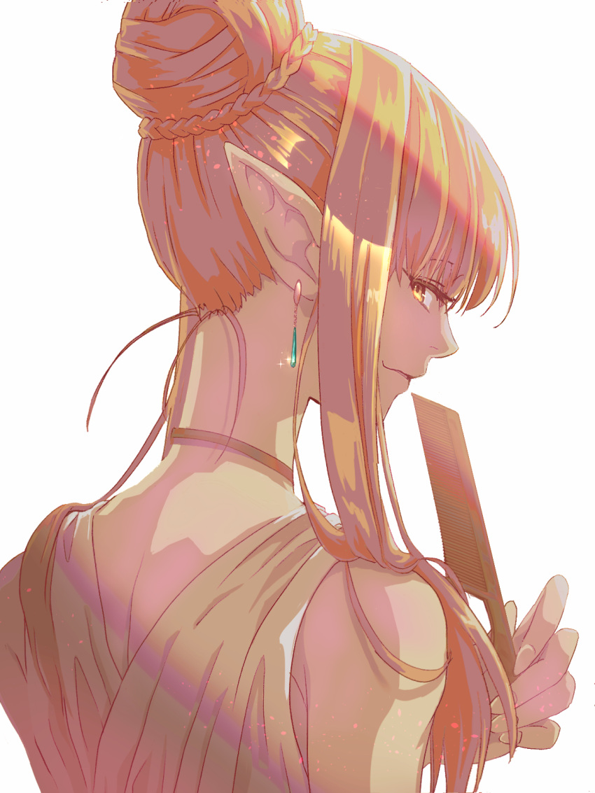 1girl, bare_shoulders, blonde_hair, closed_mouth, comb, commentary_request, dress, earrings