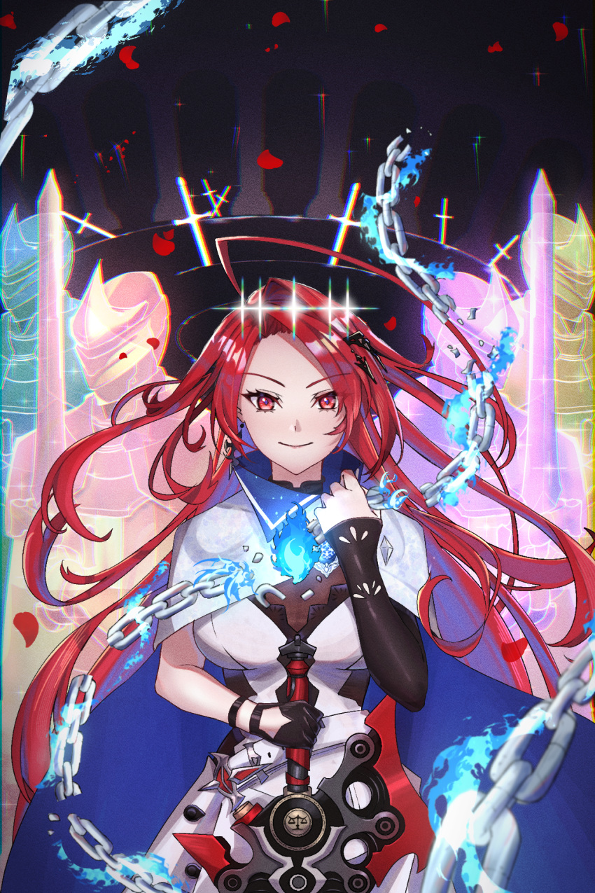 1girl, ahoge, blue_hair, cape, closed_mouth, dress, elizabeth_rose_bloodflame, elizabeth_rose_bloodflame_(1st_costume)