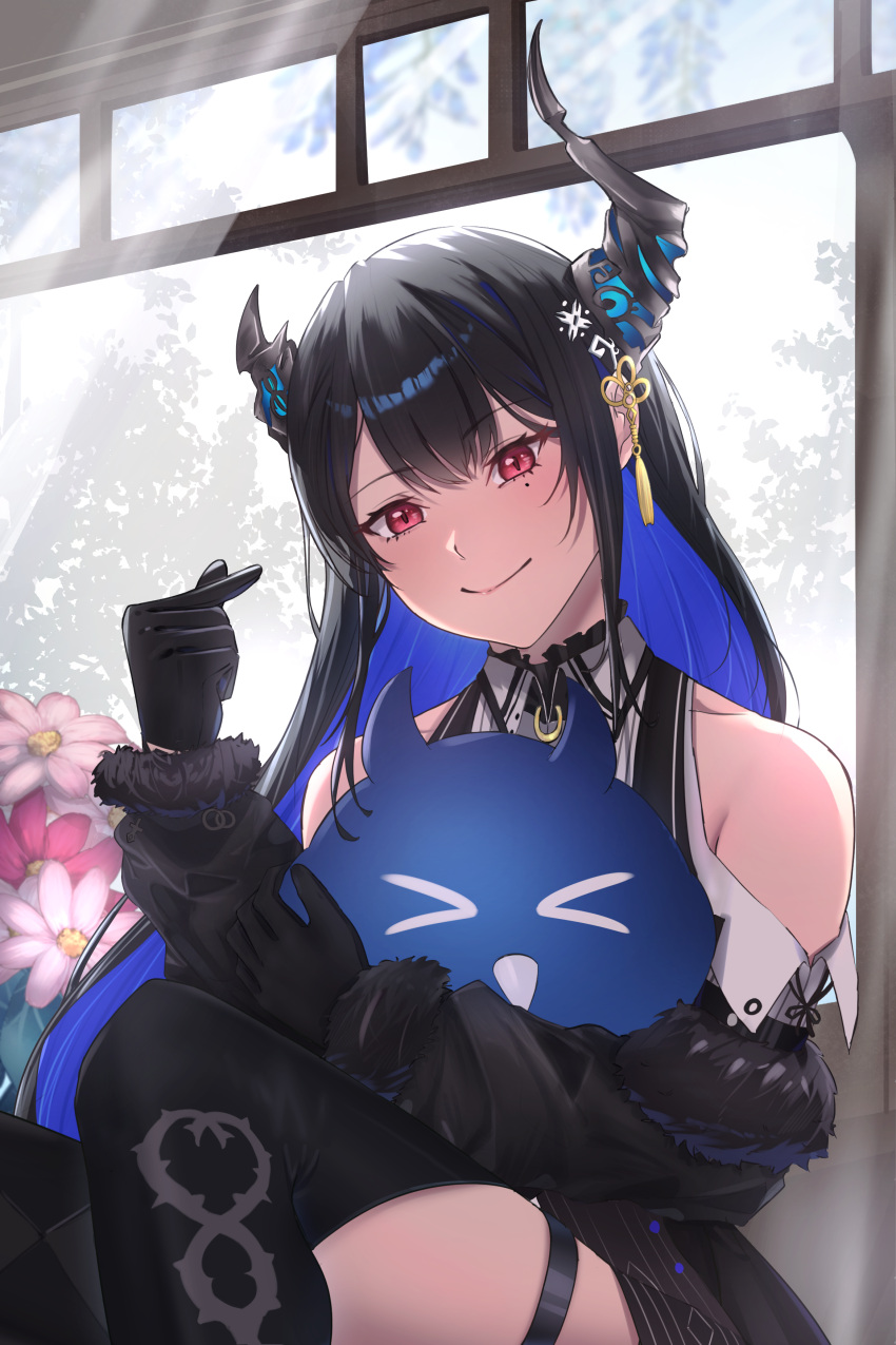 >_<, 1girl, absurdres, black_gloves, black_hair, black_sleeves, blue_hair, closed_mouth
