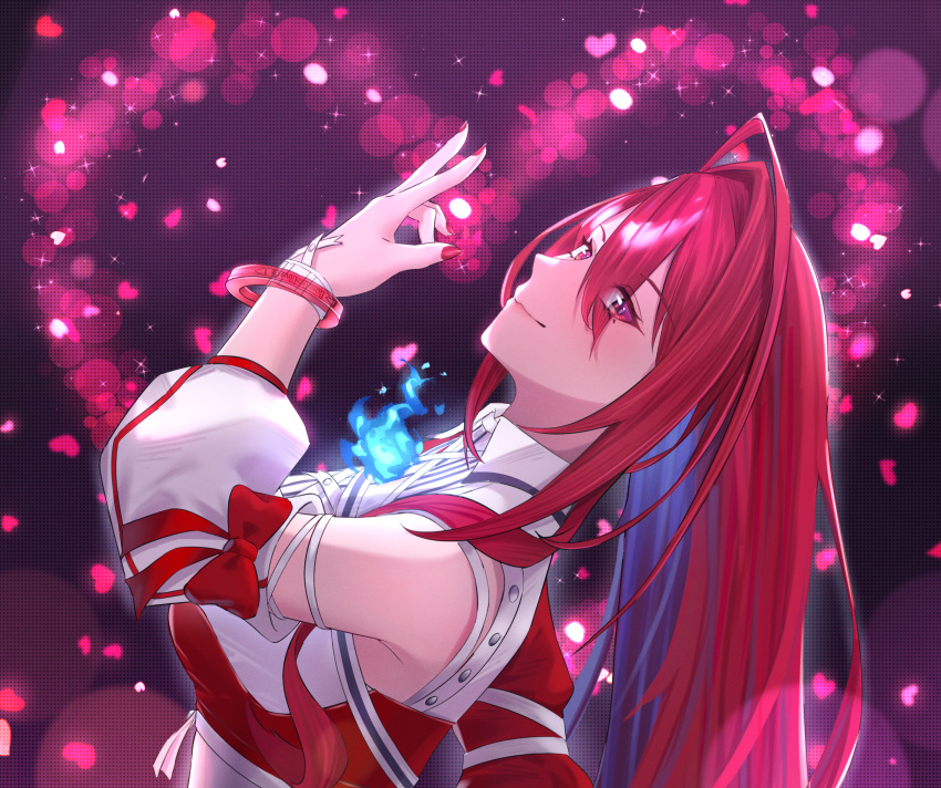 1girl, absurdres, ahoge, blue_fire, blue_hair, breasts, colored_inner_hair, commentary