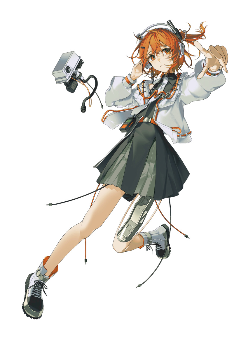 1girl, a.i._voice, adachi_rei, adapted_costume, android, boots, cable, camera