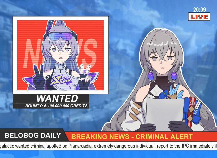 2girls, :<, announcer, arm_scarf, armband, bandana_around_arm, bare_shoulders, black_gloves