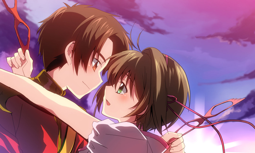 1girl, brown_eyes, brown_hair, card_captor_sakura, cardcaptor_sakura, couple, dress, eye_contact