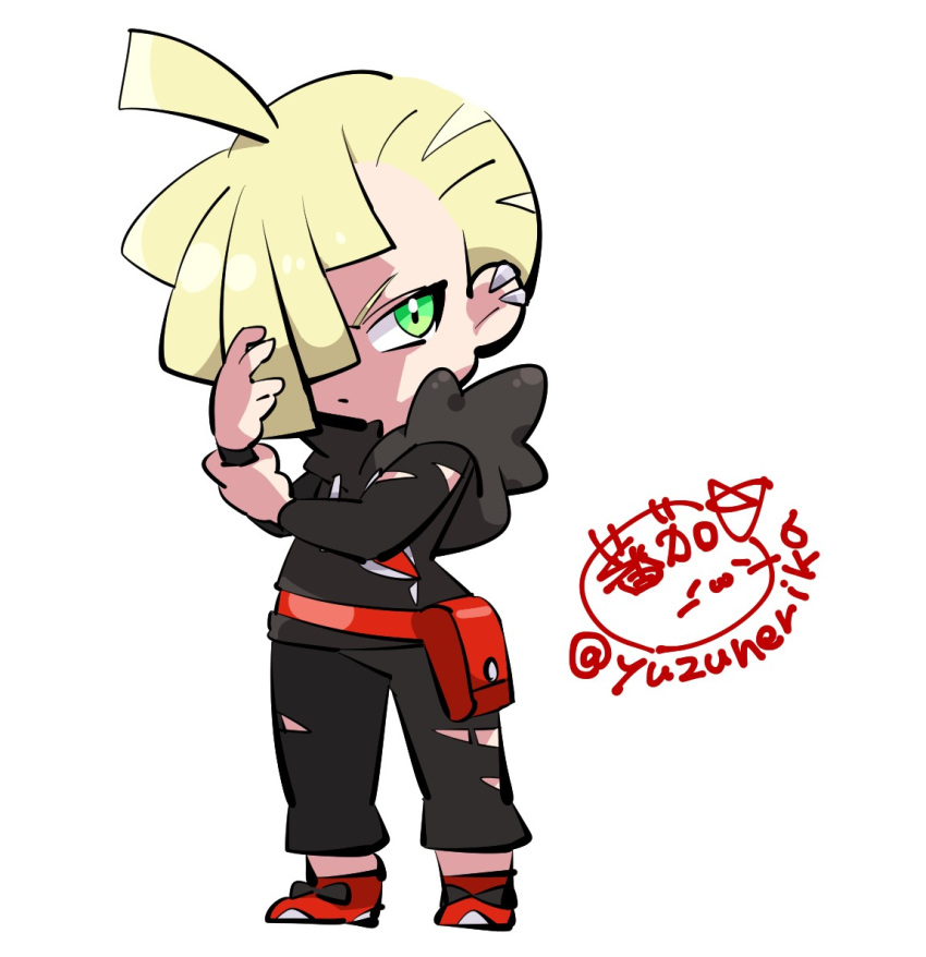1boy, banka_(yuzunerika), black_hoodie, blonde_hair, chibi, ear_piercing, gladion_(pokemon), green_eyes, hair_over_one_eye, hood, hoodie, male_focus, piercing, pokemon, pokemon_sun_and_moon, simple_background, solo, torn_clothes, white_background
