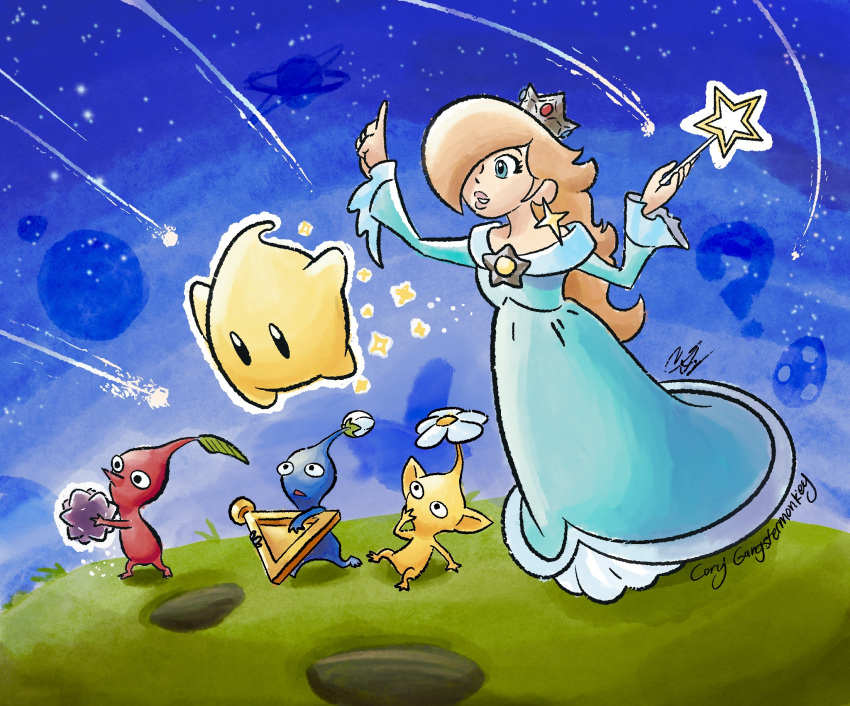 1girl, artist_name, blonde_hair, blue_eyes, blue_pikmin, brooch, commentary, corygangstermonkey, ear_piercing, earrings, english_commentary, flower, hair_over_one_eye, highres, holding, holding_wand, jewelry, leaf, long_hair, luma_(mario), piercing, pikmin_(series), pointy_ears, pointy_nose, red_pikmin, rosalina, signature, silver_crown, star_(sky), star_(symbol), star_bit, star_brooch, star_earrings, star_wand, super_mario_bros., very_long_hair, wand, white_flower, yellow_pikmin