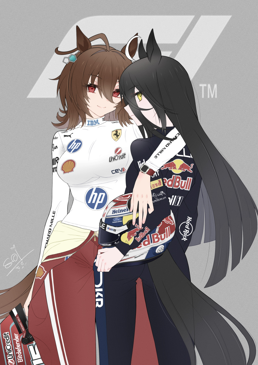 2girls, absurdres, agnes_tachyon_(umamusume), animal_ears, arm_around_neck, black_hair, black_helm, black_jumpsuit