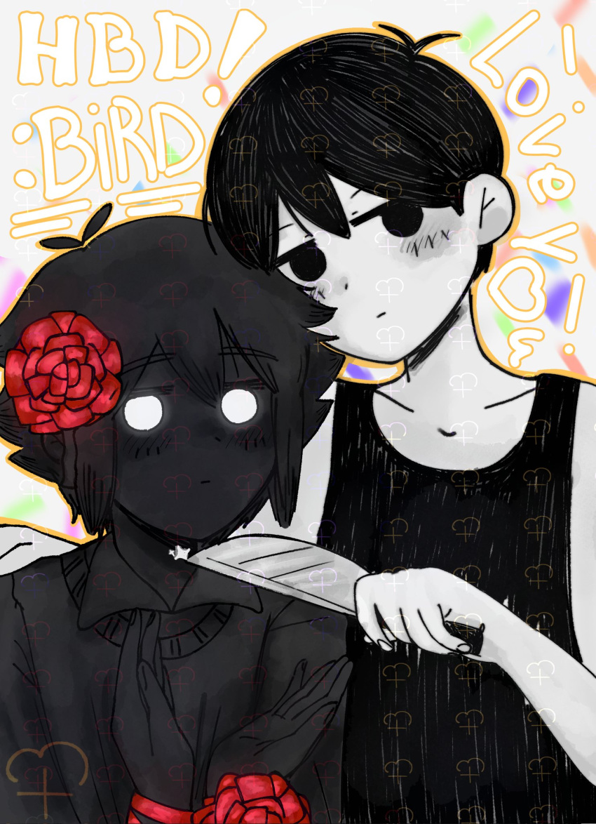 2boys, alt_text, berry_(extrauuberry), black_eyes, black_hair, black_shirt, black_skin, black_sweater_vest
