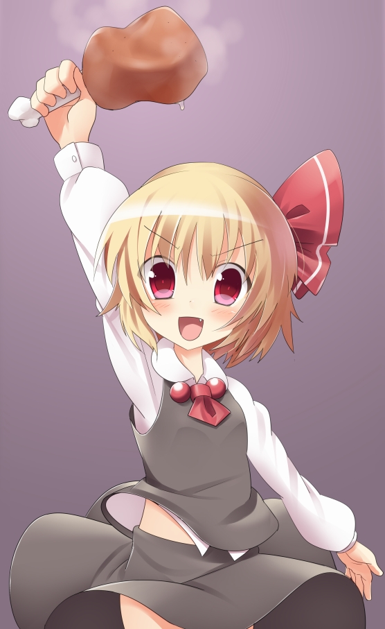 arm_up, blonde_hair, boned_meat, dress_shirt, fang, food, hair_ribbon, meat