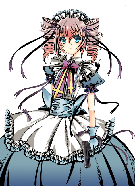 drill_hair, frills, gun, hair_bow, hair_ribbon, maid, maid_headdress, original, ribbon, sakayaki_yuuya, weapon