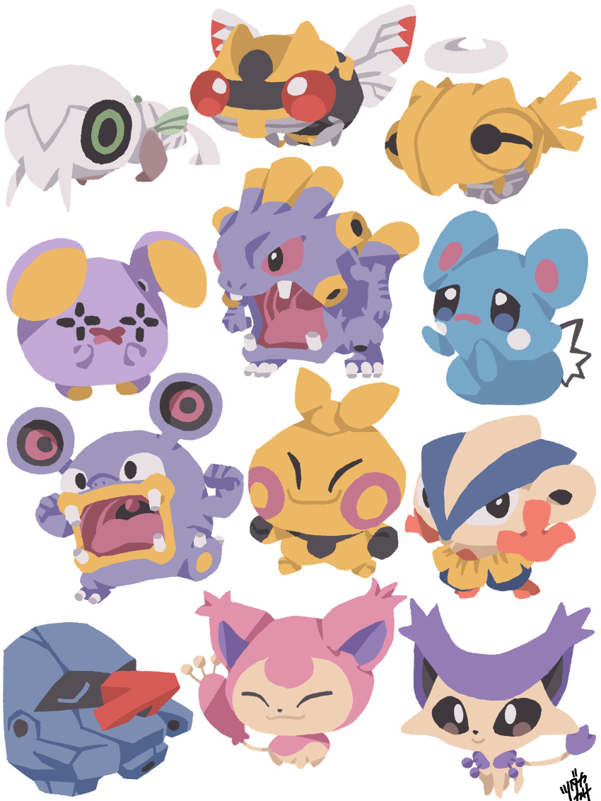 +_+, absurdres, azurill, black_eyes, bug, chibi, chibi_only, closed_eyes, closed_mouth, colored_sclera, commentary_request, delcatty, dot_nose, exploud, frown, full_body, halo, hariyama, highres, loudred, makuhita, nincada, ninjask, nosepass, nostrils, open_mouth, pokemon, pokemon_(creature), pokemon_focus, red_nose, red_sclera, sad, shedinja, signature, simple_background, skitty, smile, t_tsudaka, teeth, tongue, uvula, whismur, white_background