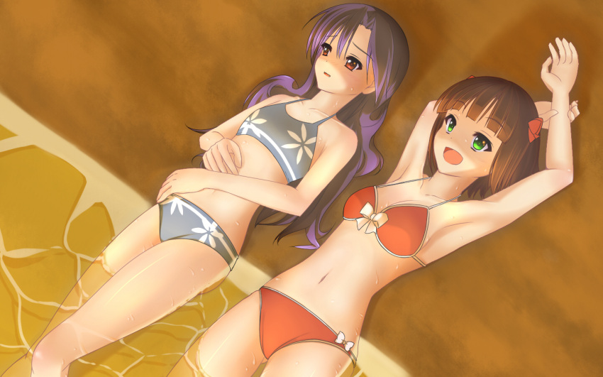 arms_up, beach, bikini, blue_hair, brown_eyes, brown_hair, green_eyes, idolmaster