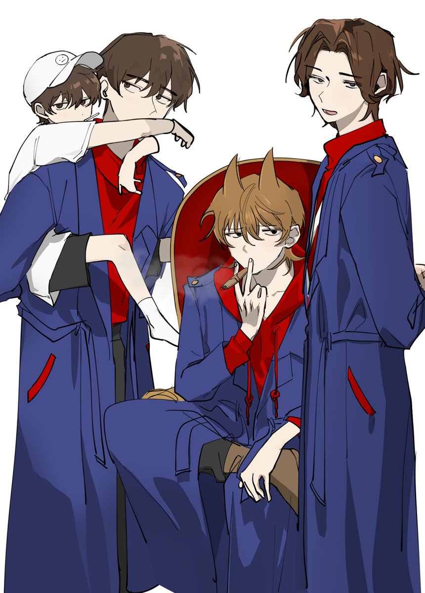 4boys, animification, bad_id, bad_twitter_id, baseball_cap, black_pants, black_shorts, blue_coat