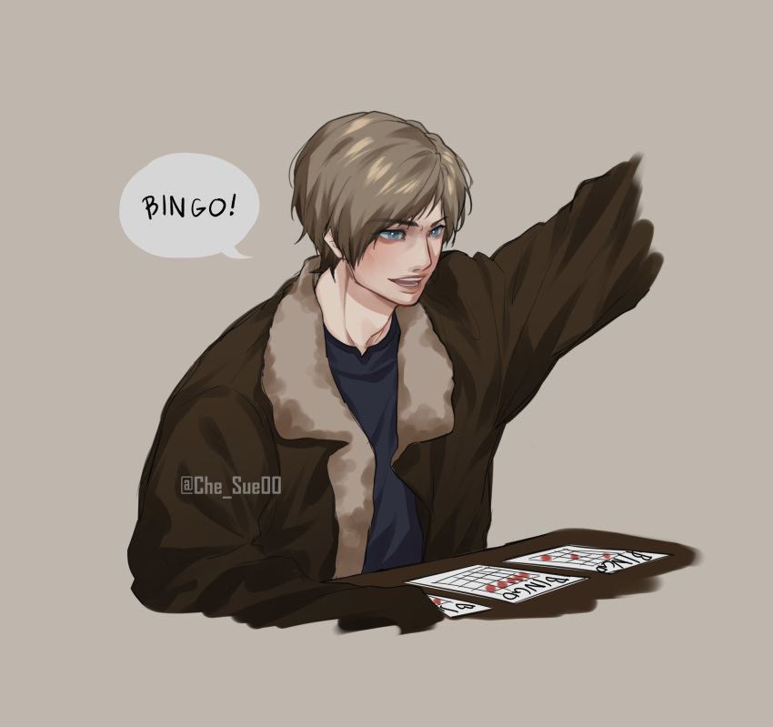1boy, arm_up, bingo_(game), bingo_card, black_gloves, blue_eyes, blue_shirt, brown_hair