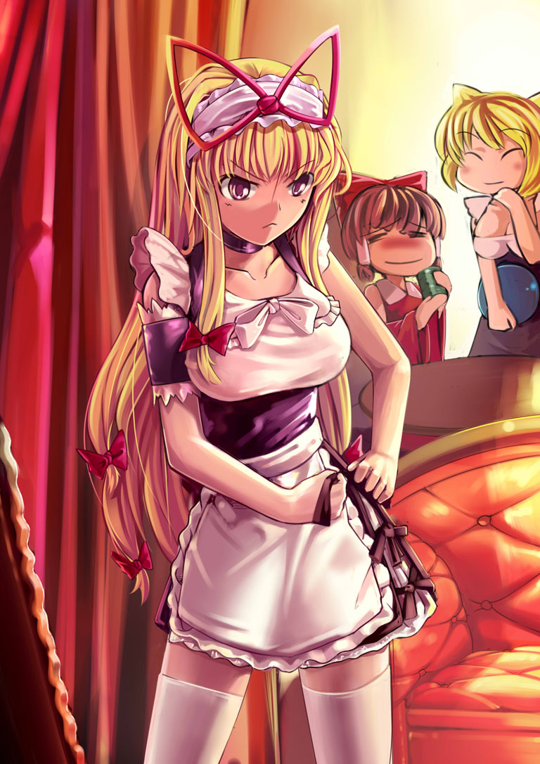 alternate_costume, angry, animal_ears, apron, brown_hair, detached_sleeves, enmaided, fox_ears