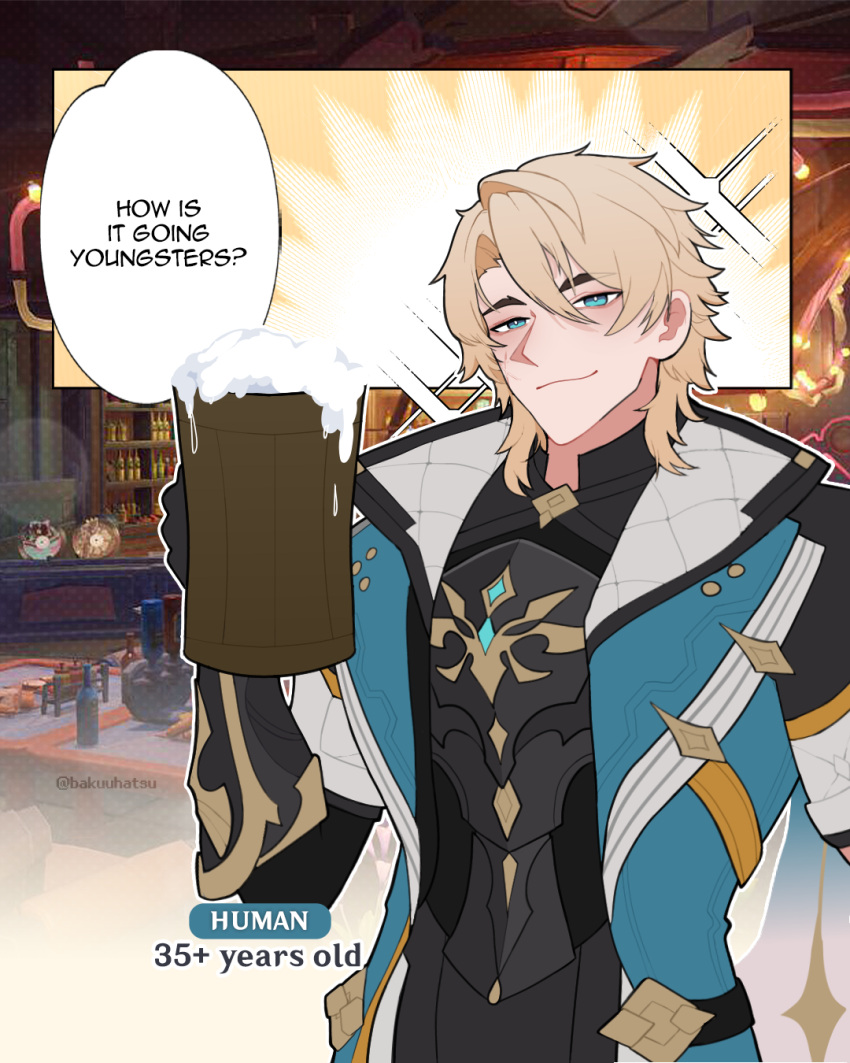 1boy, alcohol, bakuuhatsu, beer, black_gloves, black_shirt, blonde_hair, blue_eyes