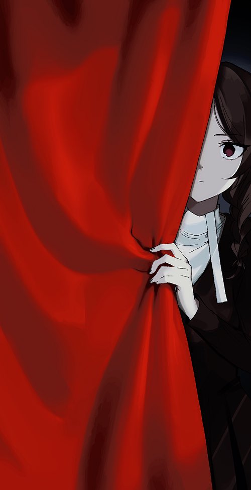 1girl, black_background, black_dress, black_hair, braid, brown_eyes, closed_mouth, curtains