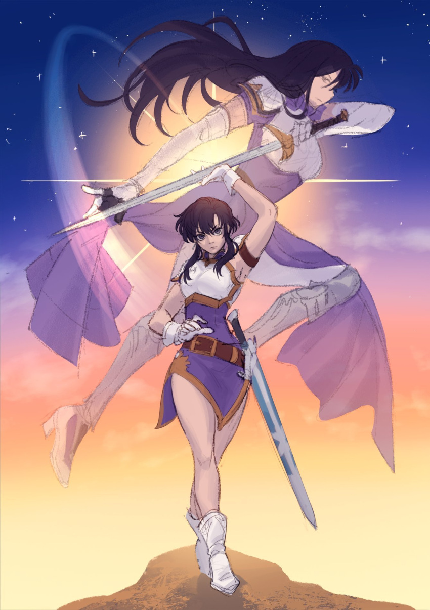 2girls, armor, armored_boots, ayra_(fire_emblem), bare_legs, belt, black_hair, boots, breastplate, clouds, commentary, commission, commissioner_upload, earrings, elbow_gloves, english_commentary, fire_emblem, fire_emblem:_genealogy_of_the_holy_war, gloves, gradient_sky, high_heels, highres, holding, holding_sword, holding_weapon, jewelry, larcei_(fire_emblem), long_hair, looking_at_viewer, mother_and_child, mother_and_daughter, mountain, multiple_girls, outdoors, parent_and_child, purple_tunic, serious, sheath, sheathed, shooting_star, short_hair, shoulder_armor, sidelocks, sketch, sketch_background, sky, sleeveless, standing, star_(sky), starry_sky, sword, tacitgrey, tomboy, tunic, unfinished, weapon