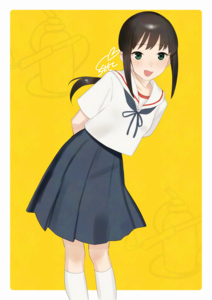 1girl, :d, adversarial_noise, arms_behind_back, blue_neckerchief, blue_skirt, blush, border, brown_hair, collarbone, commentary_request, feet_out_of_frame, fubuki_(kancolle), fubuki_kai_san_(kancolle), fubuki_kai_san_go_(type_6)_(kancolle), green_eyes, heart, kantai_collection, kneehighs, long_hair, looking_at_viewer, low_ponytail, neckerchief, open_mouth, outside_border, pleated_skirt, ponytail, rounded_corners, sailor_collar, sakiecho, shirt, short_sleeves, sidelocks, signature, simple_background, skirt, smile, socks, solo, standing, white_border, white_sailor_collar, white_shirt, white_socks, yellow_background