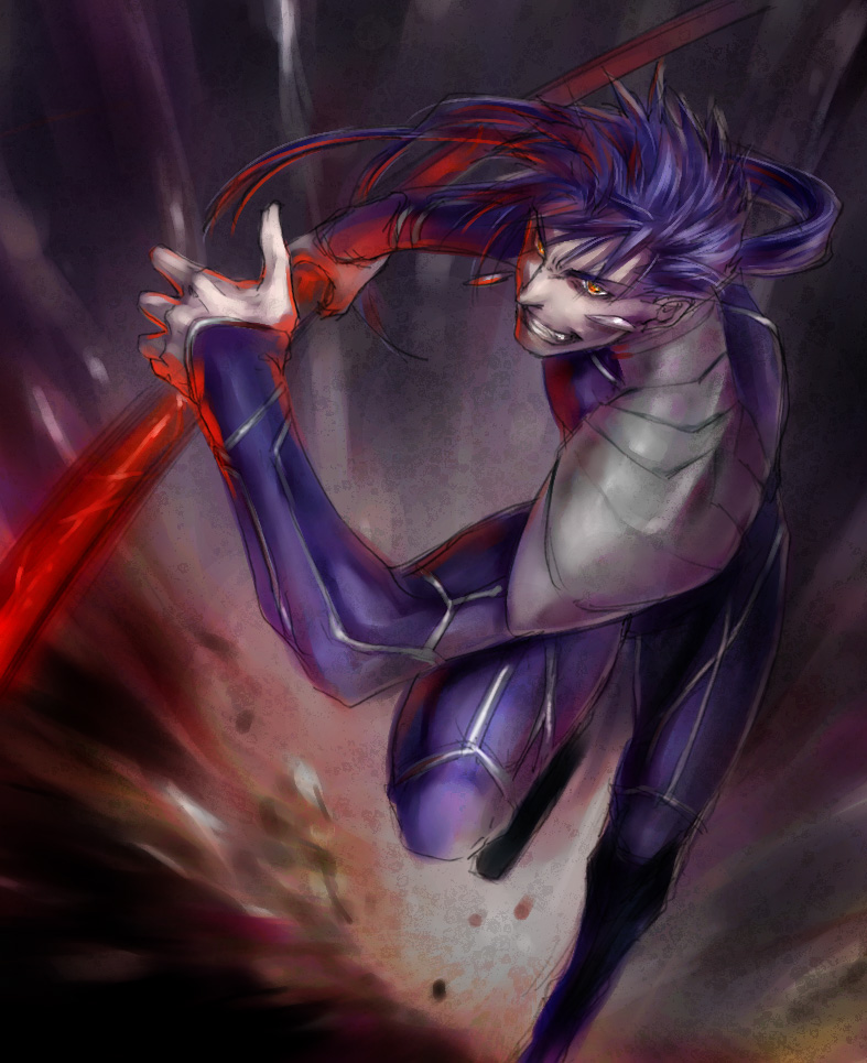 blue_hair, fate/stay_night, fate_(series), gae_bolg, lancer, long_hair, male, polearm, running, saenagi, solo, spear, weapon