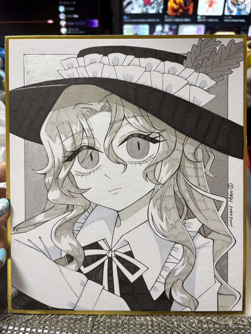 1girl, :|, absurdres, artist_name, black_hat, black_vest, blonde_hair, closed_mouth