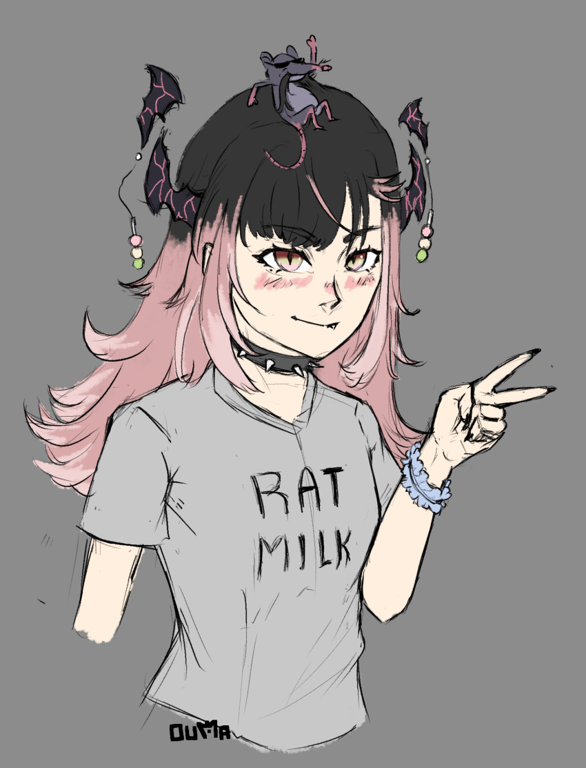 1girl, alternate_hair_length_(longer), animal_on_head, artist_name, black_hair, black_nails, blush, choker