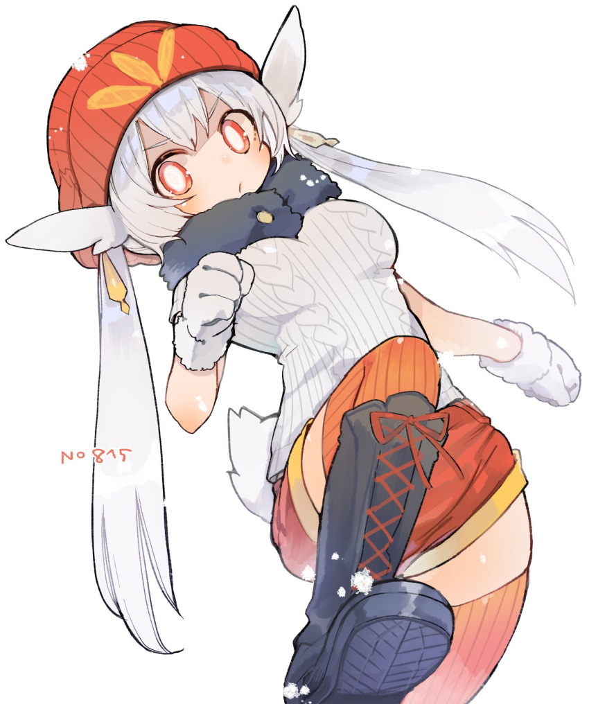 1girl, beanie, black_boots, boots, bright_pupils, cinderace, commentary_request, fur_collar
