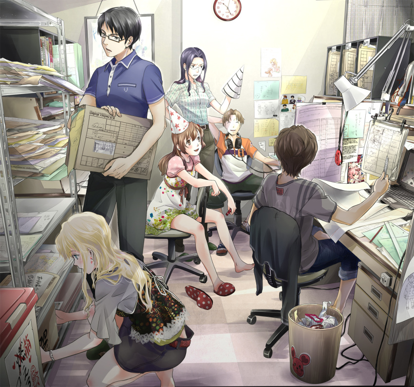 3girls, barefoot, blonde_hair, blue_eyes, blue_hair, box, boxcutter, brown_hair