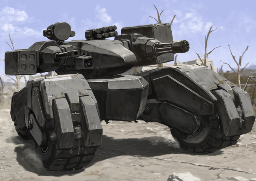 autocannon, blue_sky, burnt_tree, cannon, caterpillar_tracks, clouds, commentary_request, gatling_gun