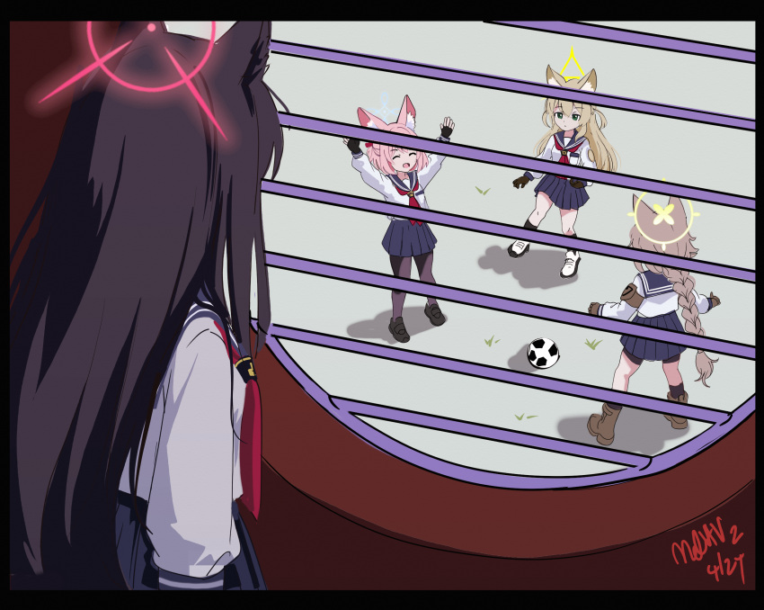 4girls, animal_ears, ball, bike_shorts, bike_shorts_under_skirt, black_gloves, black_hair, black_pantyhose