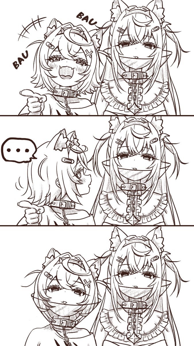 ..., 2girls, animal_ears, bandaid, bandaid_hair_ornament, collar, dog_ears, dog_girl