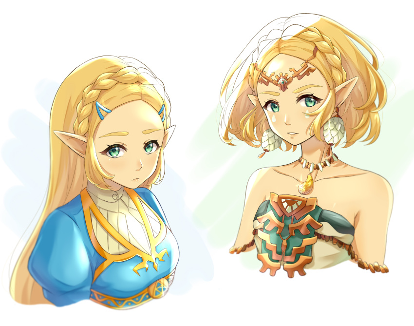2girls, absurdres, blonde_hair, braid, circlet, closed_mouth, collarbone, commentary_request